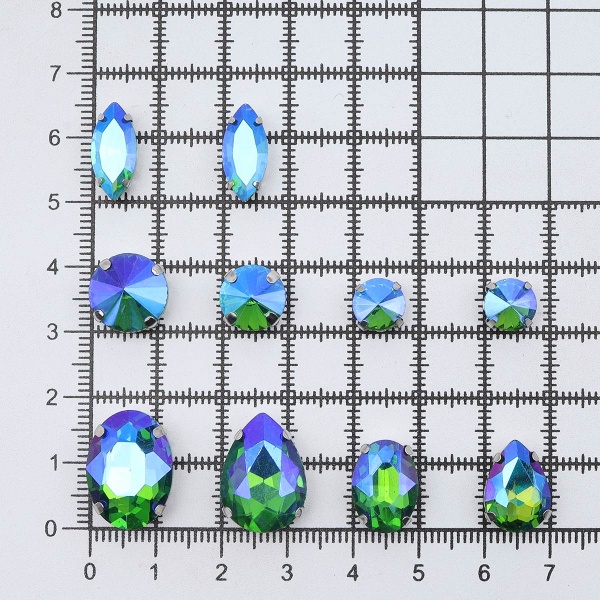 МФ-25 Хрустальные стразы в металлических цапах, форма страз: МИКС, зеленый с AB покрытием, 10шт/упак