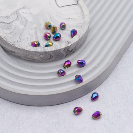 11350 Бусины стеклянные, гальваника, граненые, капля, 5*7мм, 15шт/упак (5-радужный)