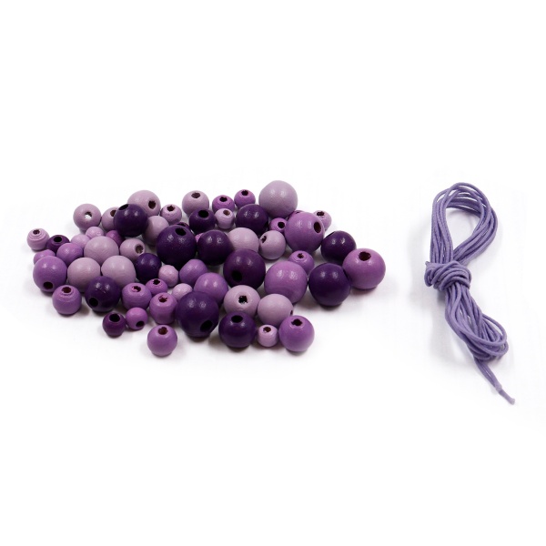 160817 Набор деревянных бусин со шнуром, фиолетовый микс, 6,8,10,12мм, 21гр, 90шт/упак, Astra&Craft