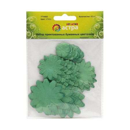 Набор принтованных бумажных цветочков 20мм, 35мм, 50мм 60шт 27444 (27453 бирюза)