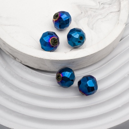 11394 Бусины стеклянные, гальваника, граненые, круглые, 12мм, 5шт/упак (1-голубой)