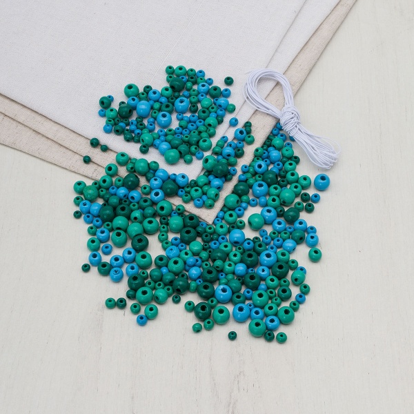 Набор деревянных бусин со шнуром, бирюзовый микс, 4,6,8,10мм, 50гр, Astra&Craft