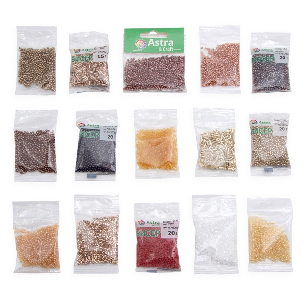 Набор №2 бисера, стекляруса, рубки 15 цв. 200 гр (10 цв. по 10 гр + 5 цв. по 20 гр), Astra&Craft