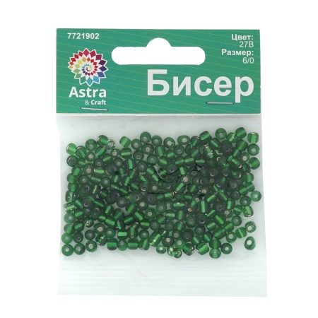 Бисер Astra&Craft 6/0, 15г (27В зелёный/прозр.серебрист.центр)