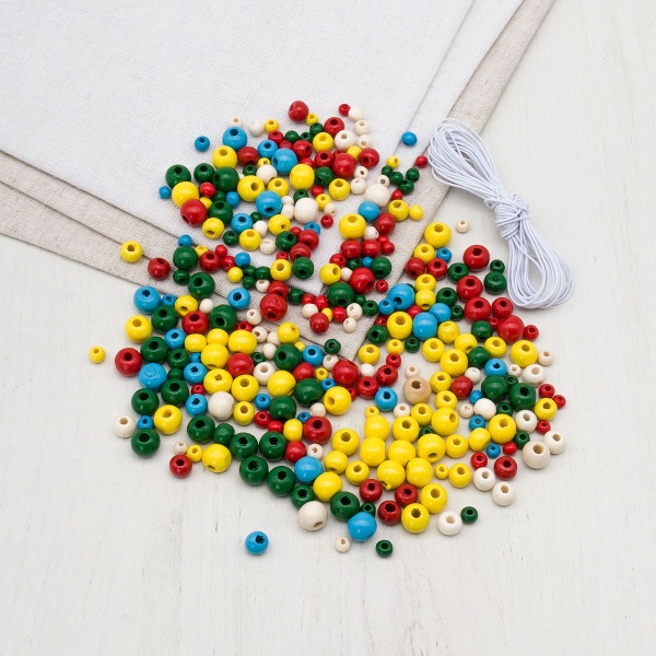 Набор деревянных бусин со шнуром, яркий/натур. микс, 4,6,8,10мм, 50гр, Astra&Craft