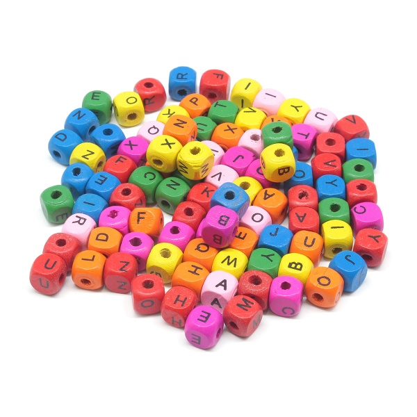 Бусины деревянные, с буквами Англ. алфавит, цвет. микс, куб, 10*10мм, 51гр, 96штук/упак, Astra&Craft