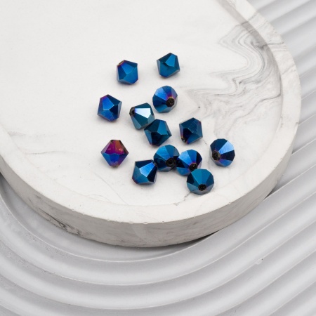 11305 Бусины стеклянные, гальваника, граненые, биконус, 8mm, 13шт/упак (1-голубой)