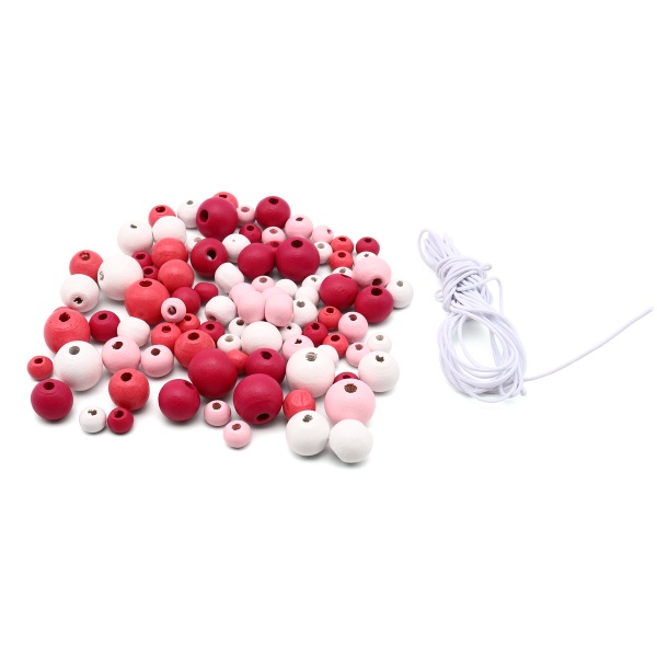 214 Набор деревянных бусин со шнуром, розовый микс, 6,8,10,12мм, 21гр, 90шт/упак, Astra&Craft