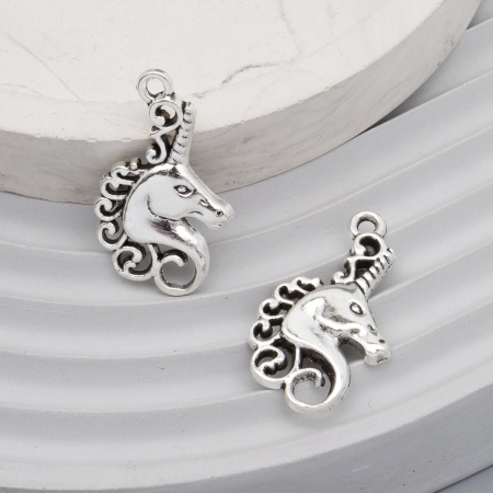 4AR2073 Подвеска металлическая голова единорога, 15*24 мм, 2 шт/упак, Astra&Craft (серебро)