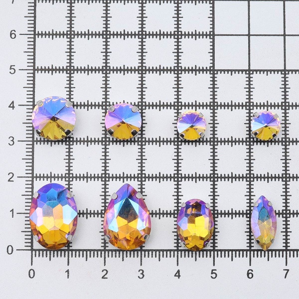 МФ-33 Хрустальные стразы в металлических цапах, форма страз: МИКС, желтый с AB покрытием, 10шт/упак