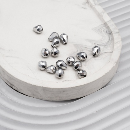 11350 Бусины стеклянные, гальваника, граненые, капля, 5*7мм, 15шт/упак (2-серебро)