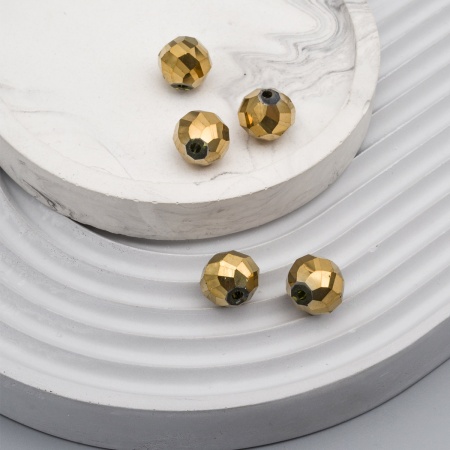 11394 Бусины стеклянные, гальваника, граненые, круглые, 12мм, 5шт/упак (3-золото)