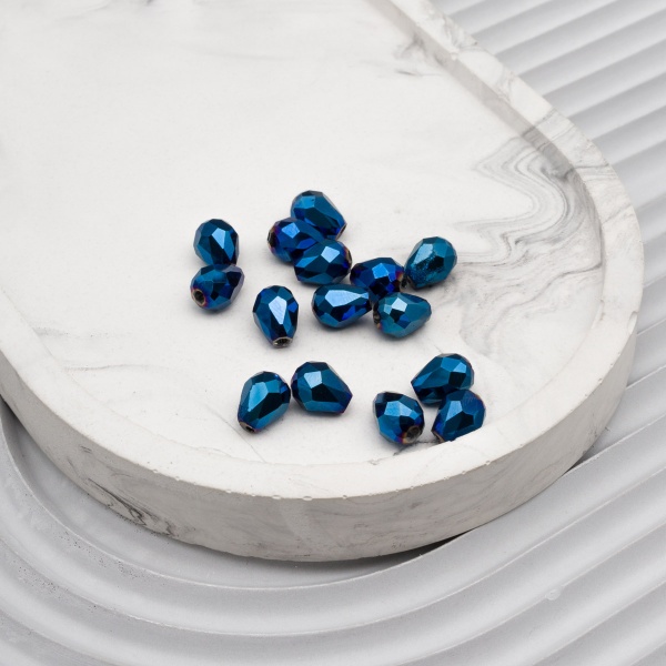 11350 Бусины стеклянные, гальваника, граненые, капля, 5*7мм, 15шт/упак (1-голубой)