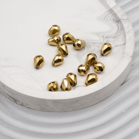 11350 Бусины стеклянные, гальваника, граненые, капля, 5*7мм, 15шт/упак (3-золото)