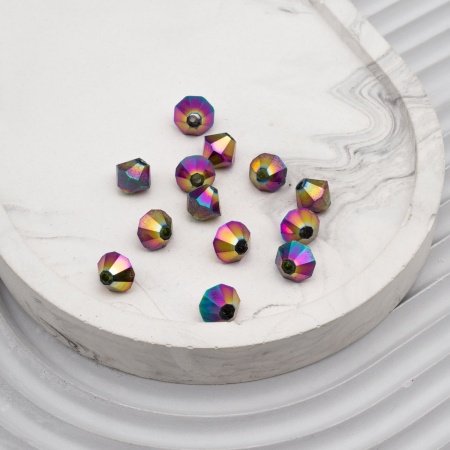 11305 Бусины стеклянные, гальваника, граненые, биконус, 8mm, 13шт/упак (5-радужный)